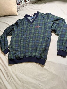Made in Scotland Green & Navy Plaid V-Neck Pullover Golf Sweater